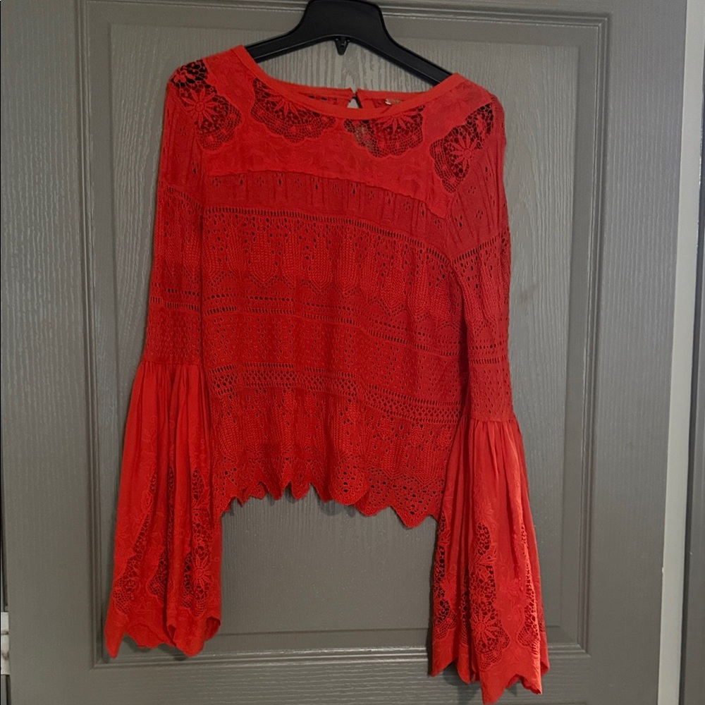 Free People Vibrant Red Lace Blouse